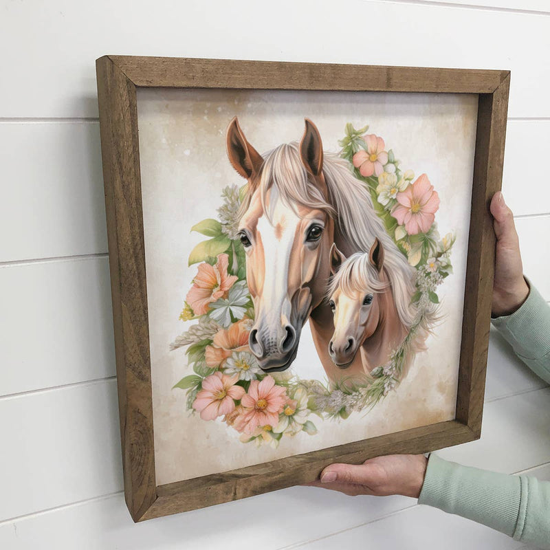 Mother Baby Horse Watercolor - Horse Canvas Art - Framed