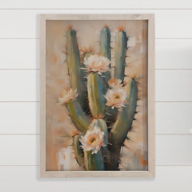 Blooming Saguaro Canvas Art - Wood Framed Abstract Art
