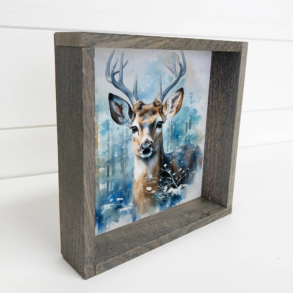 Winter Watercolor Deer Blue - Deer Canvas Art - Wood Framed