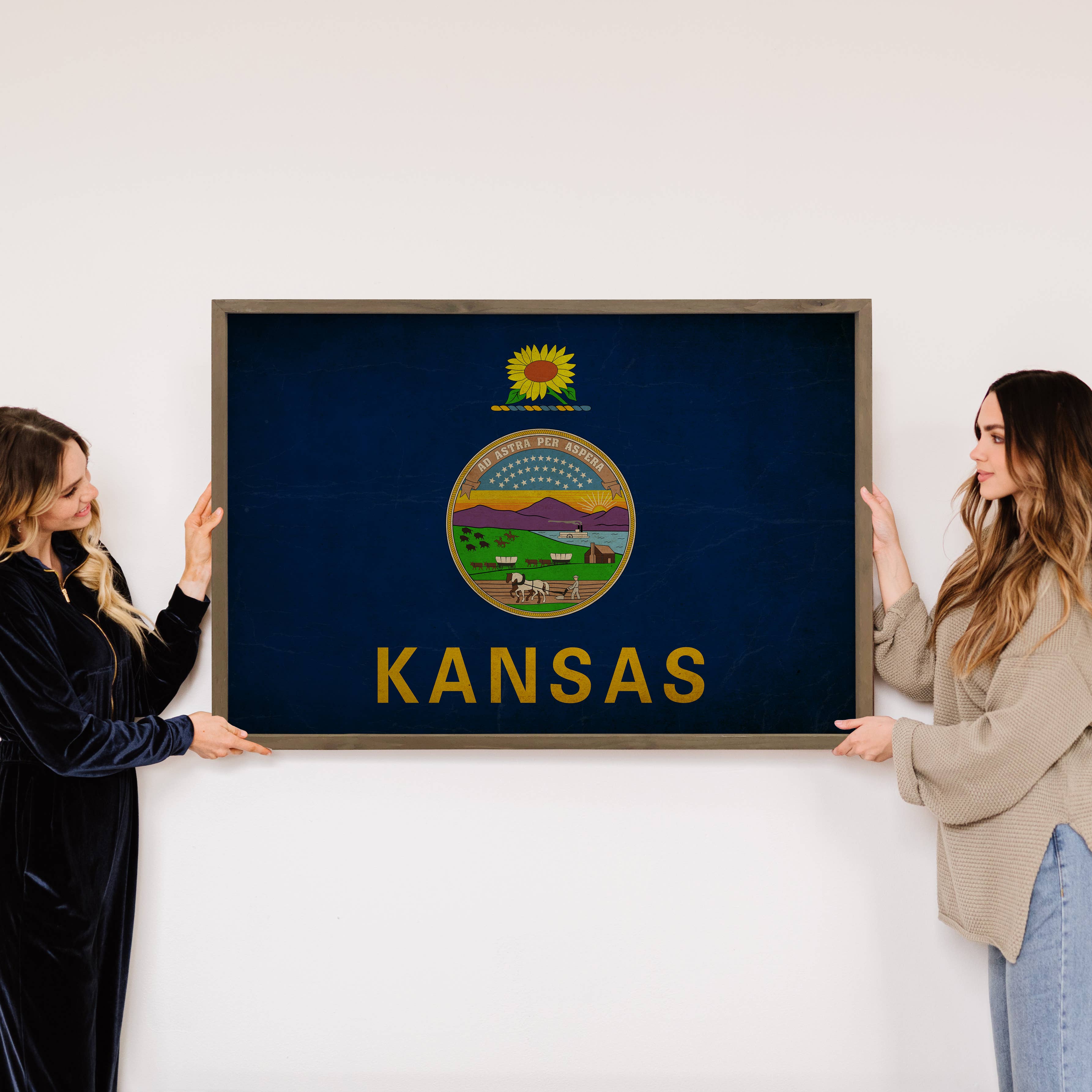 Kansas Vintage Flag - Any State Framed Canvas Art Wood Sign