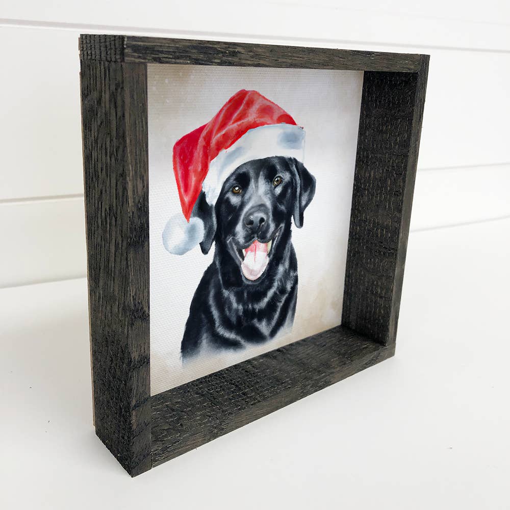 Black Lab Dog in Santa Hat Christmas Small Canvas Sign Print