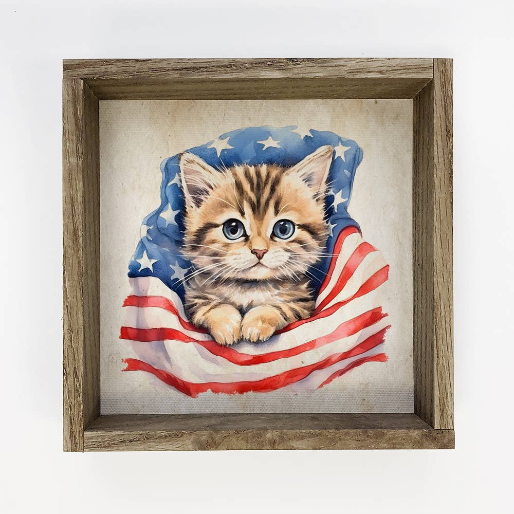 Cat in Flag - Patriotic Kitten Art - Cute Baby Animals