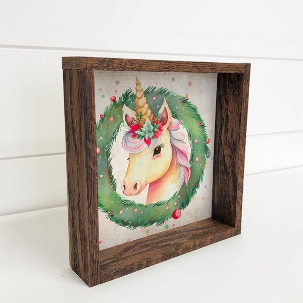 Christmas Wreath Unicorn - Cute Holiday Animal - Framed Art