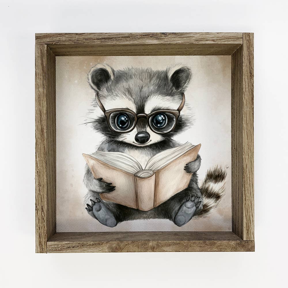 Raccoon Reading Book - Cute Raccoon Canvas Art - Framed Art