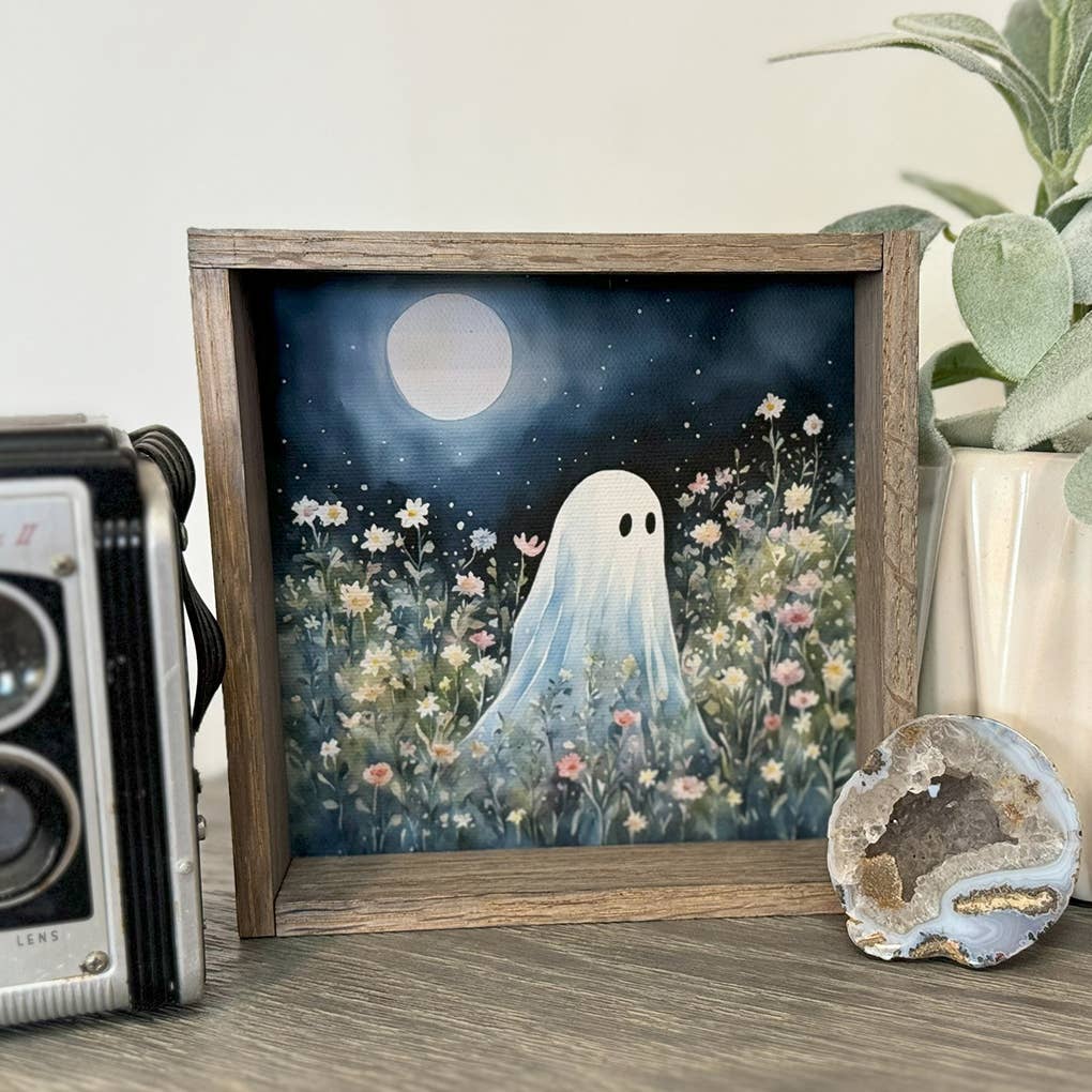 Cute Ghost in Wildflowers - Halloween Canvas Art - Framed