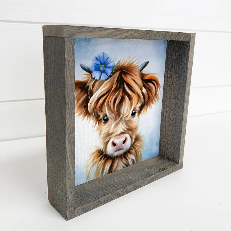 Cute Cow Farmhouse Sign - Highland Calf Blue Flower Design