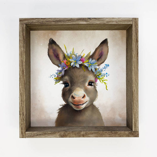 Cute Flower Donkey - Nursery Art with Rustic Wood Frame