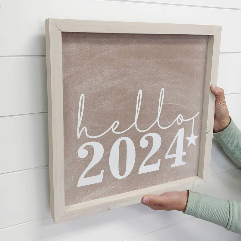 Hello 2024 - Cute New Years Canvas Art - Wood Framed Sign