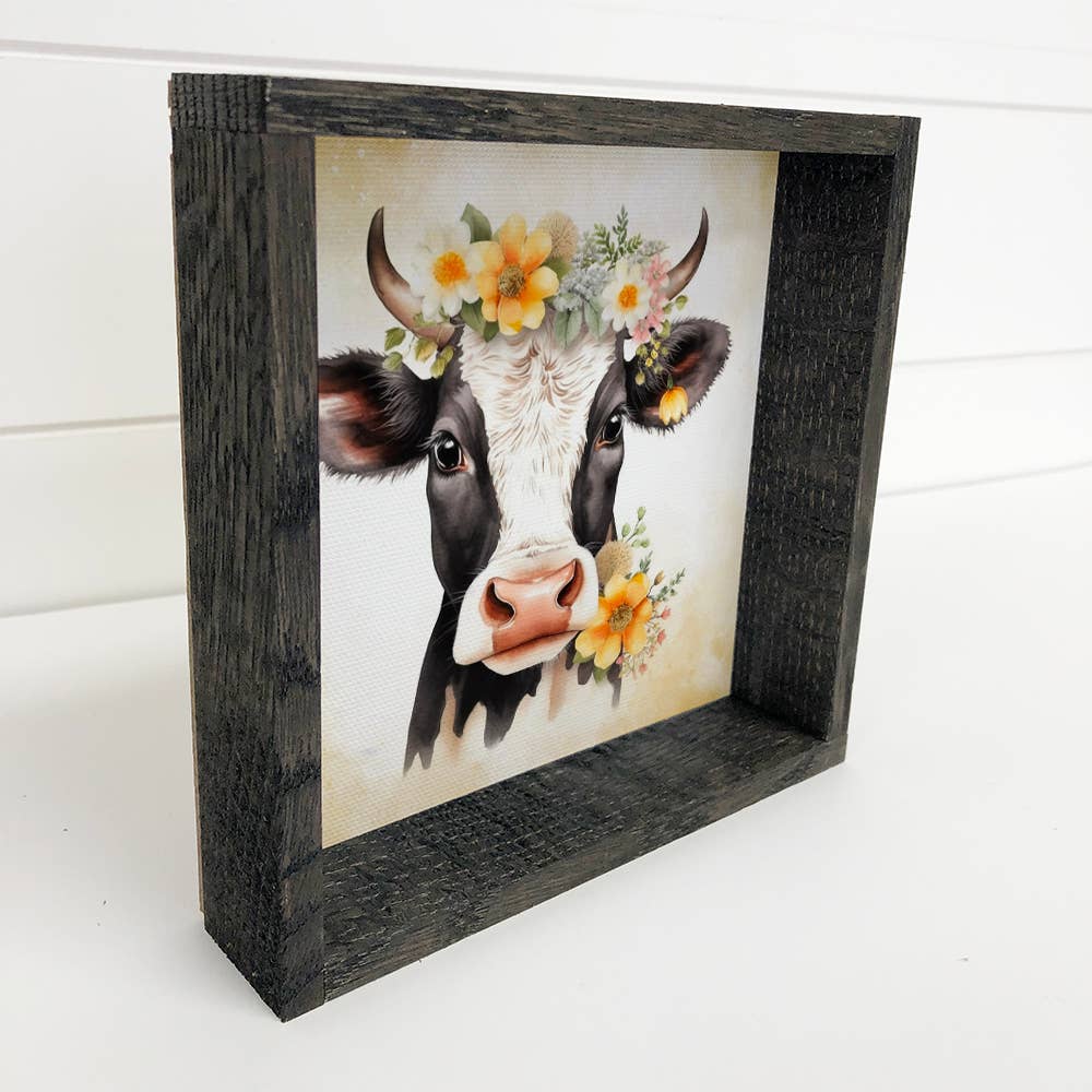 Black White Cow and Yellow Flowers - Animal Spring Time Art