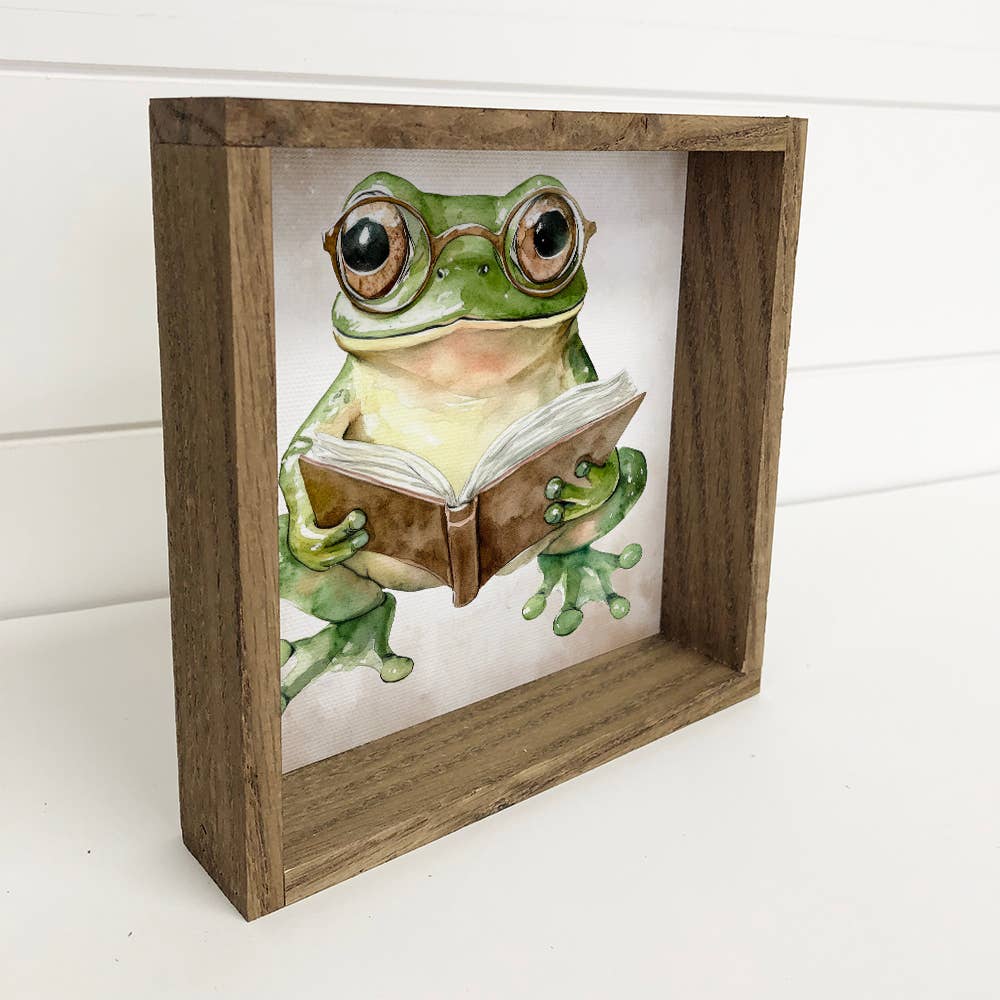 Frog Reading Book - Cute Frog Canvas Art - Wood Framed Art