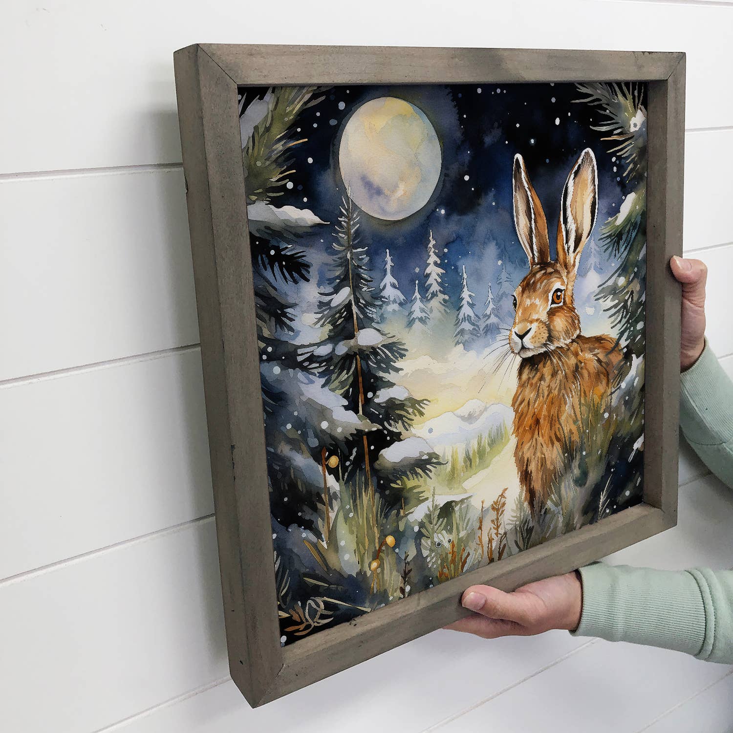 Winter Watercolor Rabbit Moonlight - Rabbit Canvas Art