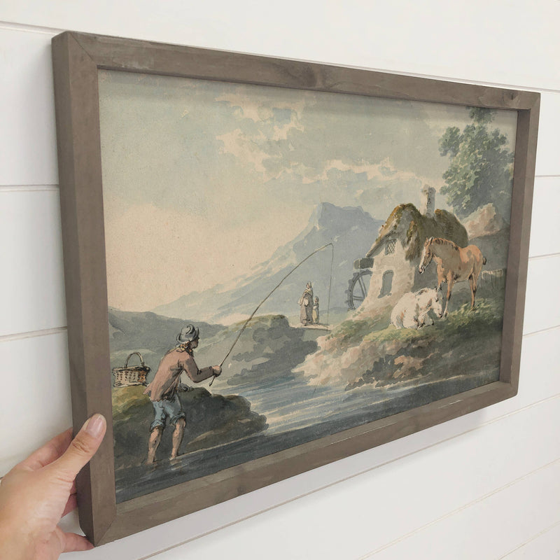 Cottage Fishing - Nature Canvas Art - Wood Framed Wall Art