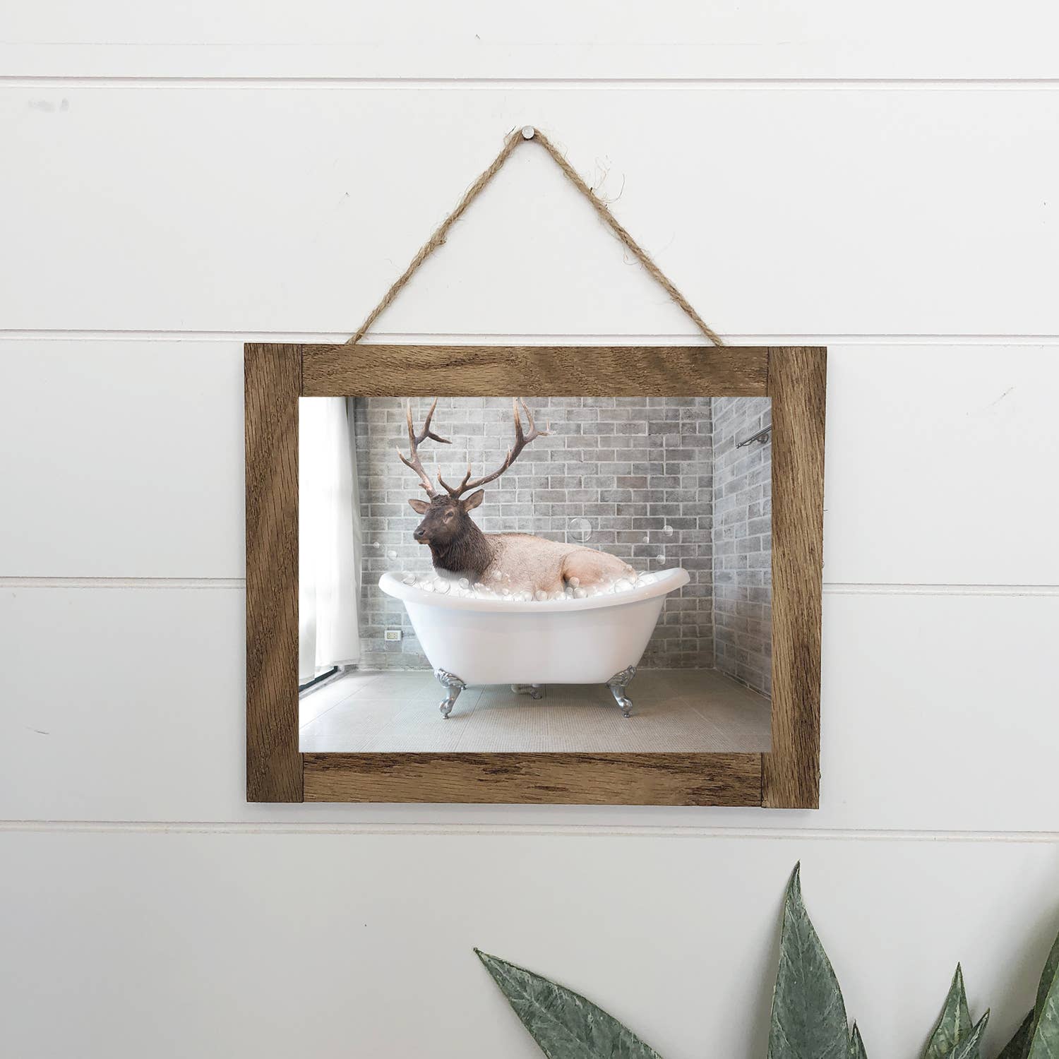 Elk in Bathtub - Bathroom Deer Canvas Wood Sign Framed