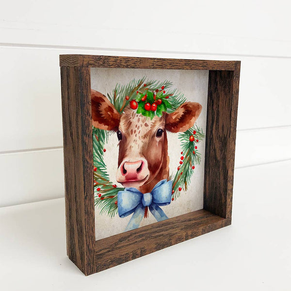 Christmas Wreath Brown Cow - Cute Holiday Animals - Framed