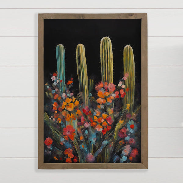 Blooming Midnight Cactus - Cactus Canvas Art - Framed Decor