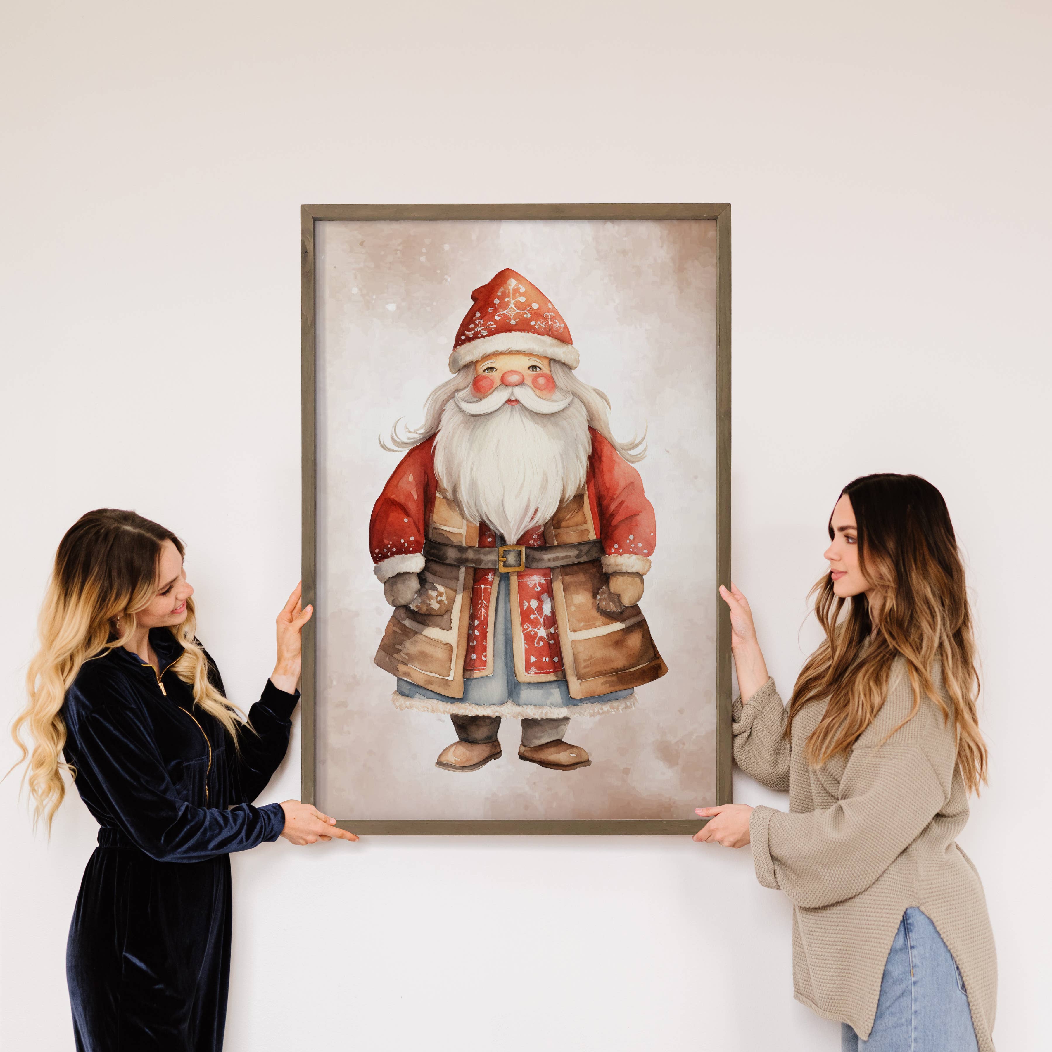 Scandi Watercolor Cute Folk Santa - Santa Canvas Art - Frame