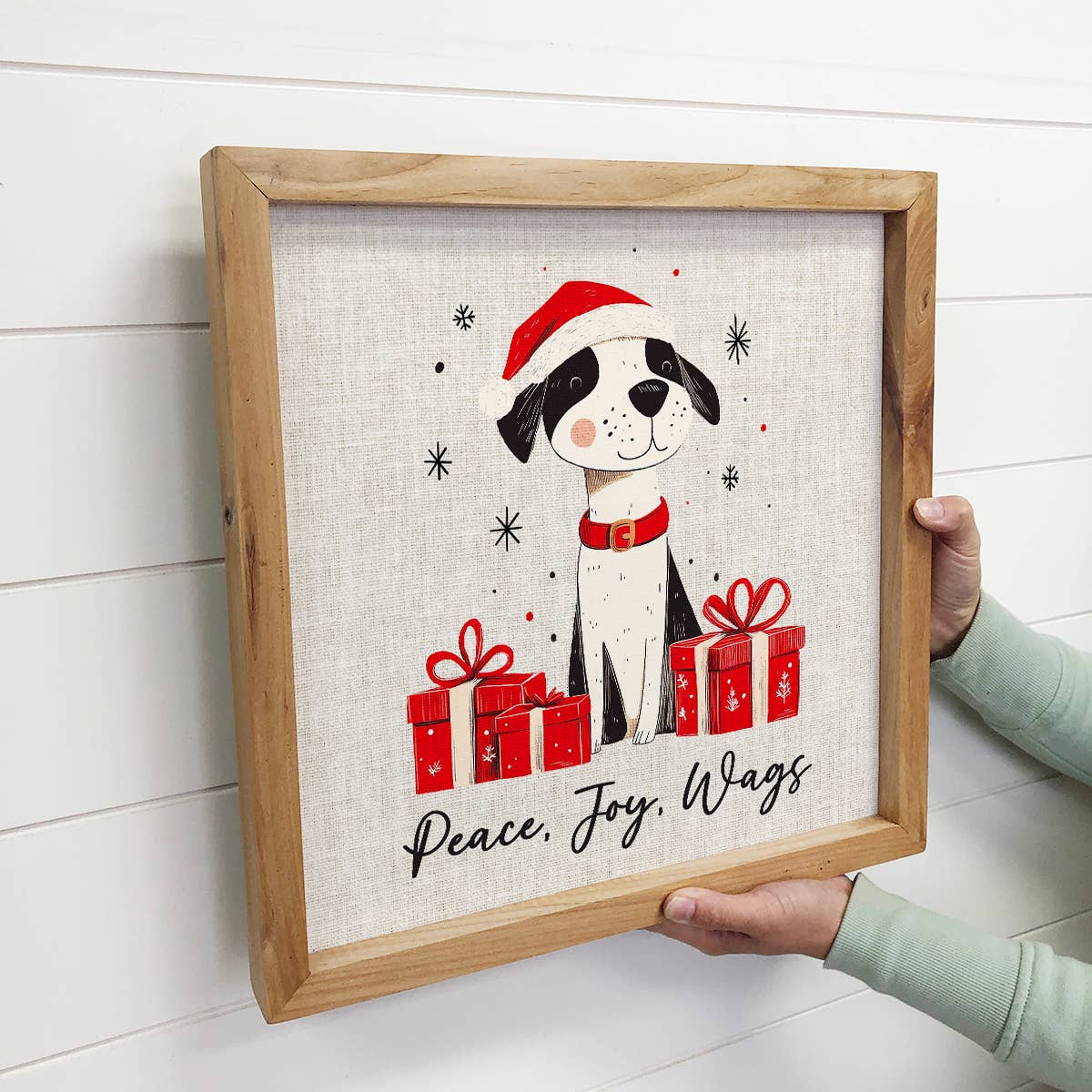 Peace Joy Wags Dog - Christmas Canvas Art - Wood Framed Art