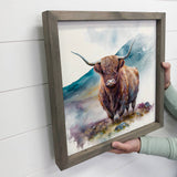 Highland Cow Watercolor Mountain - Art with Wooden Frame