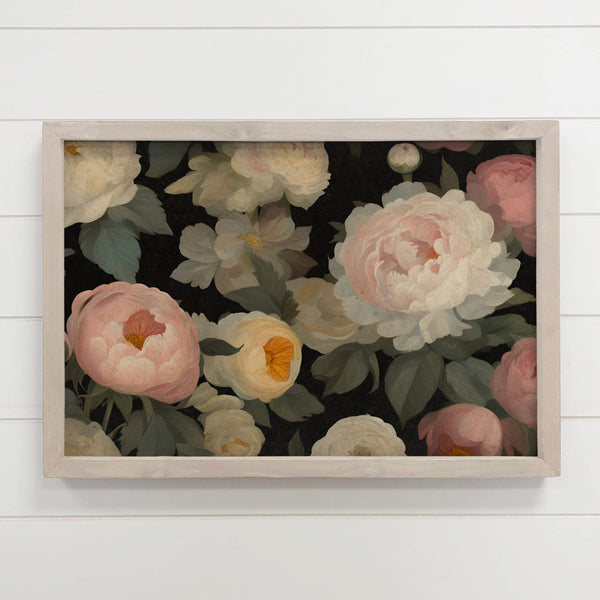 Peonies Ranunculus Dark - Floral Canvas Art - Wood Framed