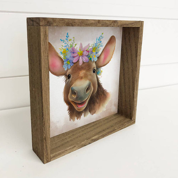 Cute Flower Moose - Nursery Wall Art with Rustic Wood Frame