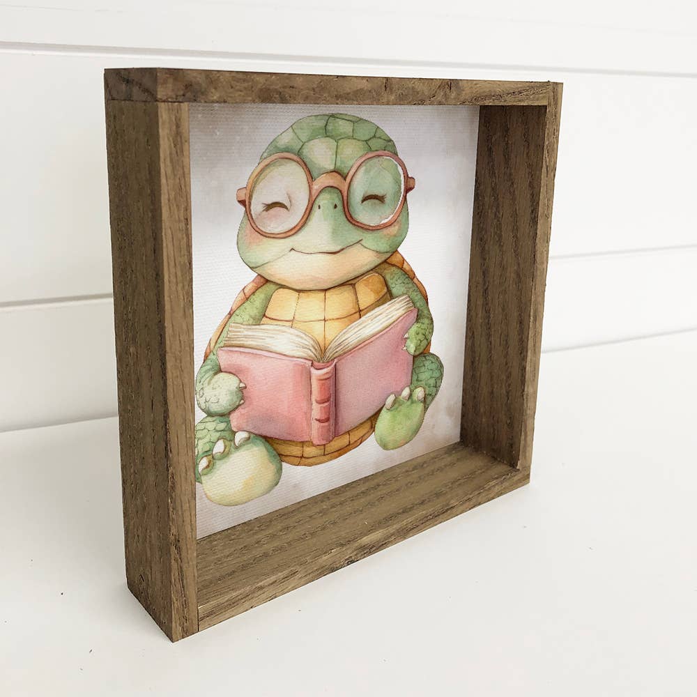 Turtle Reading Book - Cute Turtle Canvas Art - Wood Famed