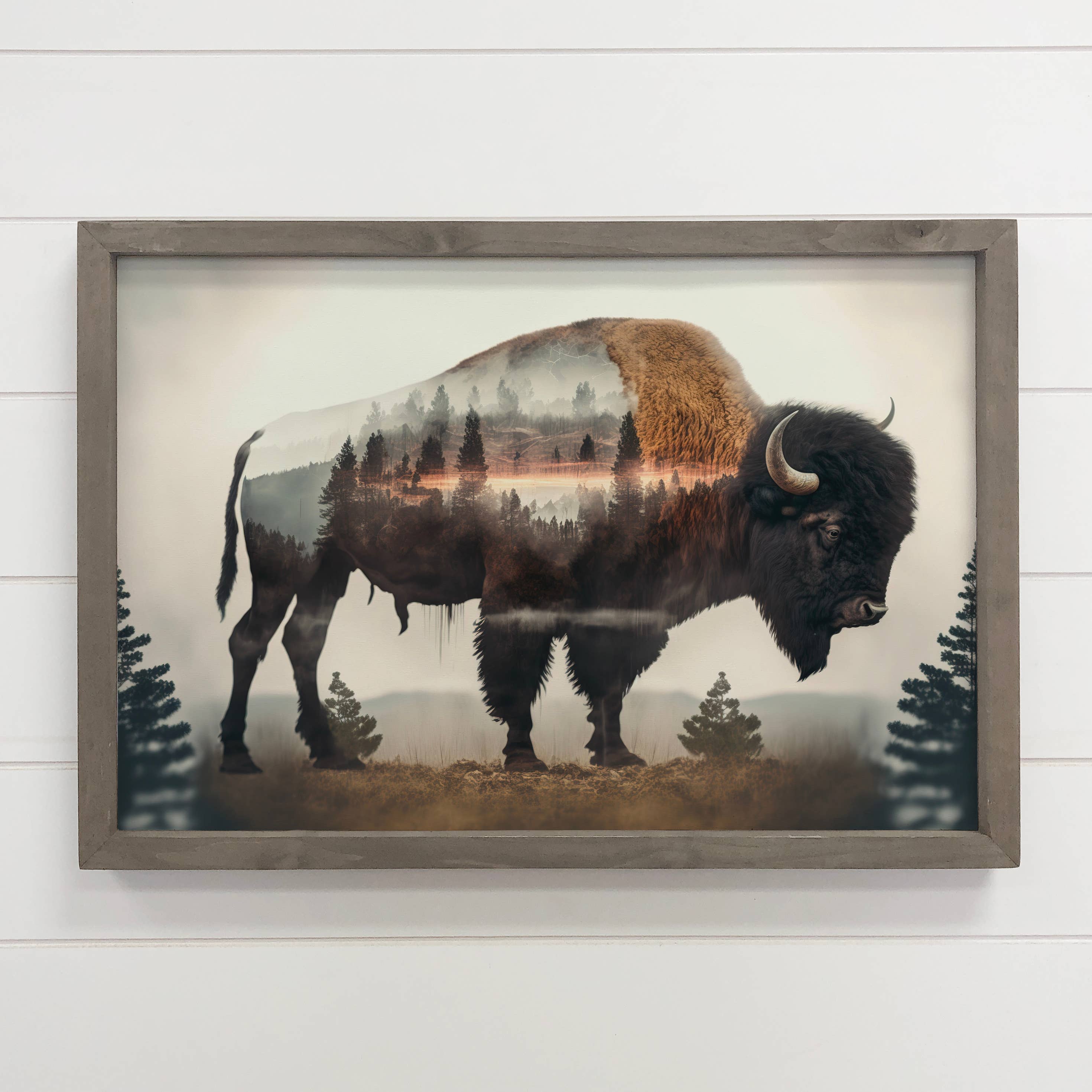 Bison Trees Double Exposure -Wood Framed Wildlife Canvas Art