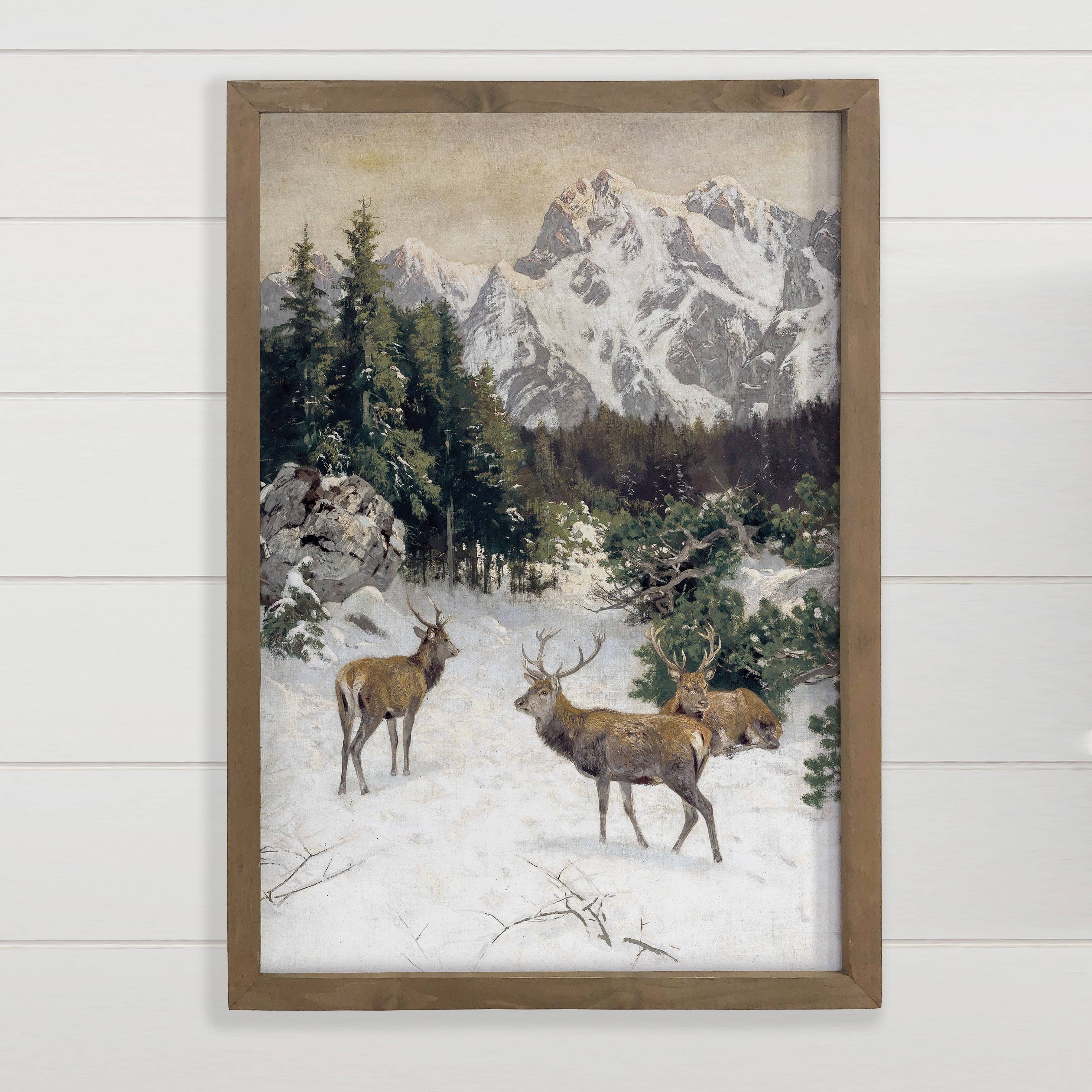 Winter Deer Mountains - Cabin Wall Art - Framed Animal Decor