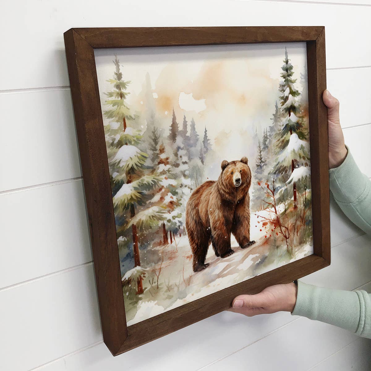 Winter Watercolor Bear in Pines - Bear Canvas Art - Framed