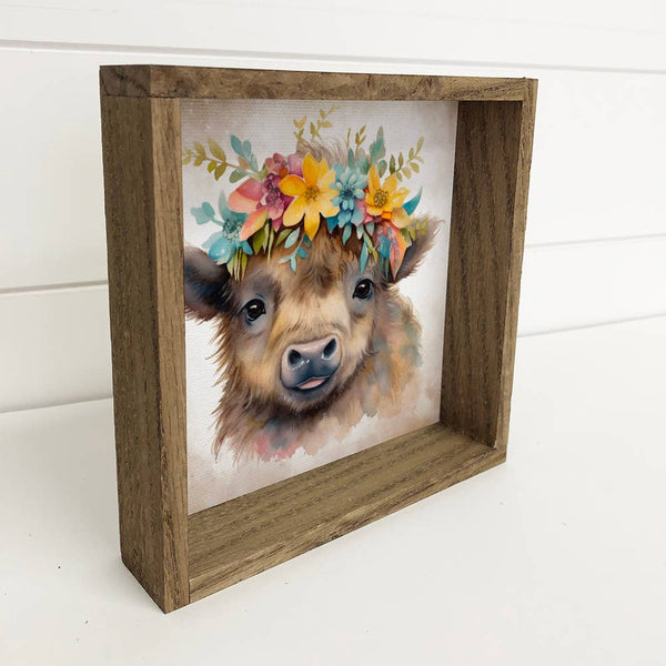 Cute Baby Bison - Bison Watercolor with rustic wood frame