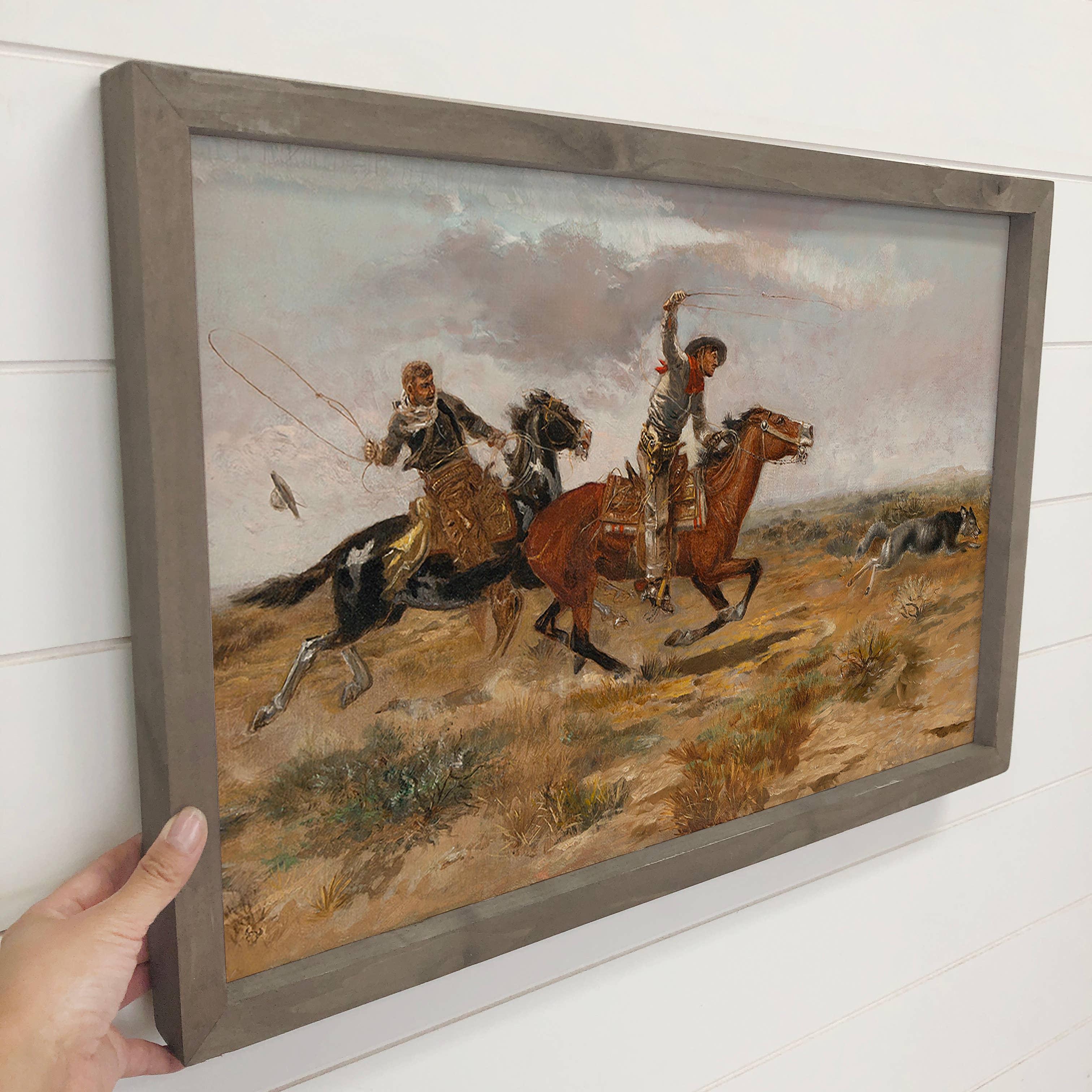 Cowboys Roping Wolf - Cowboy Canvas Art - Wood Framed Decor
