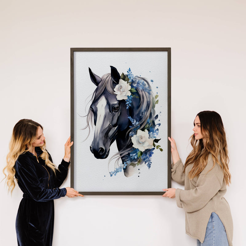 Horse Flower Watercolor - Animal Canvas Art - Wood Framed