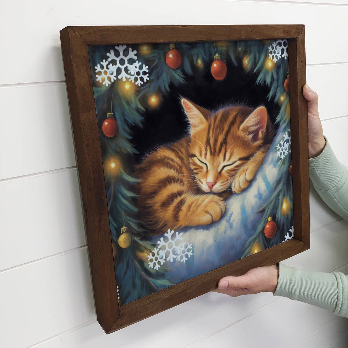 Cat Sleeping on Christmas - Cute Holiday Animal - Framed Art