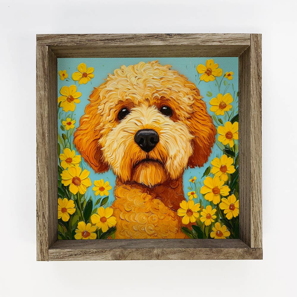 Golden Doodle Yellow Daisies - Dog and Flower Canvas Art