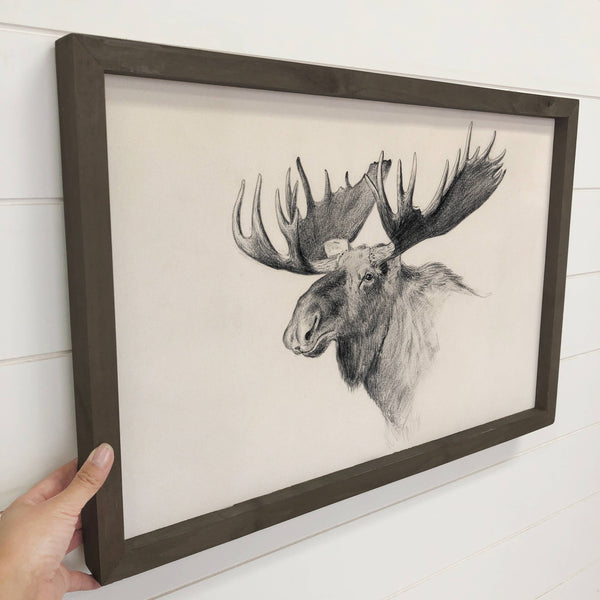 Moose Sketch - Wildlife Canvas Sketch - Wood Framed Decor