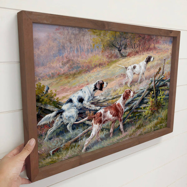 Hunting Dogs in Fall - Dog Canvas Art - Wood Framed Wall Art