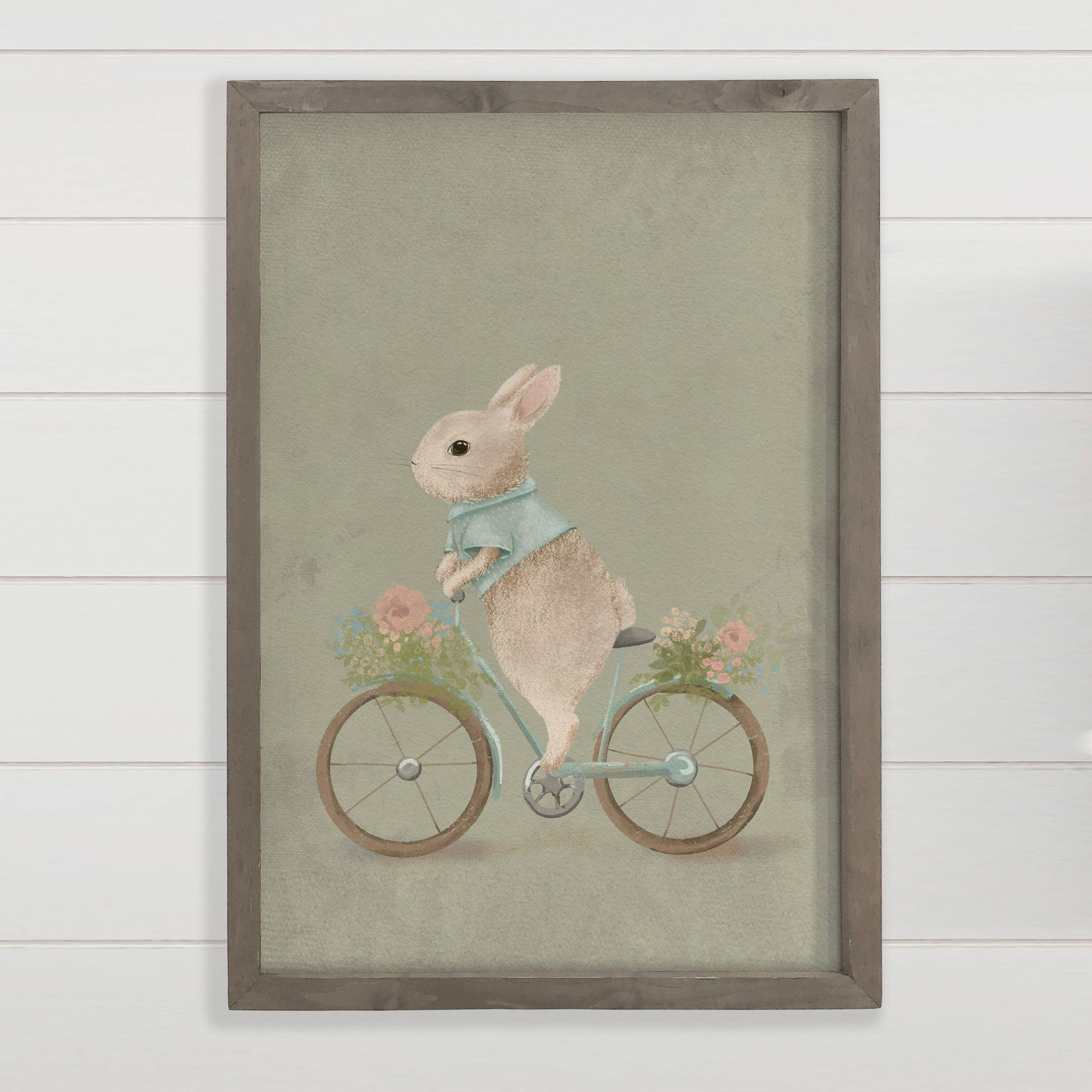 Bunny on a Bicycle - Vintage Animal Canvas Art & Wood Frame