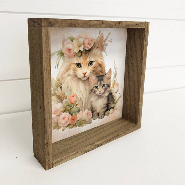 Mother Baby Cat Watercolor - Framed Cat Canvas Art - Framed