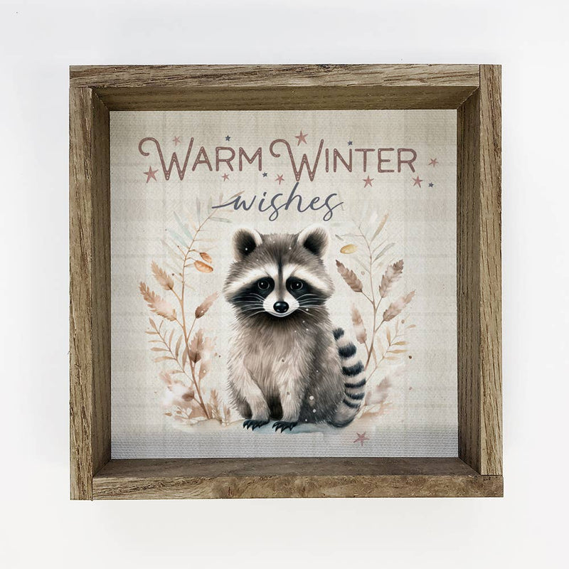 Warm Winter Wishes Raccoon - Cute Framed Raccoon Canvas Art