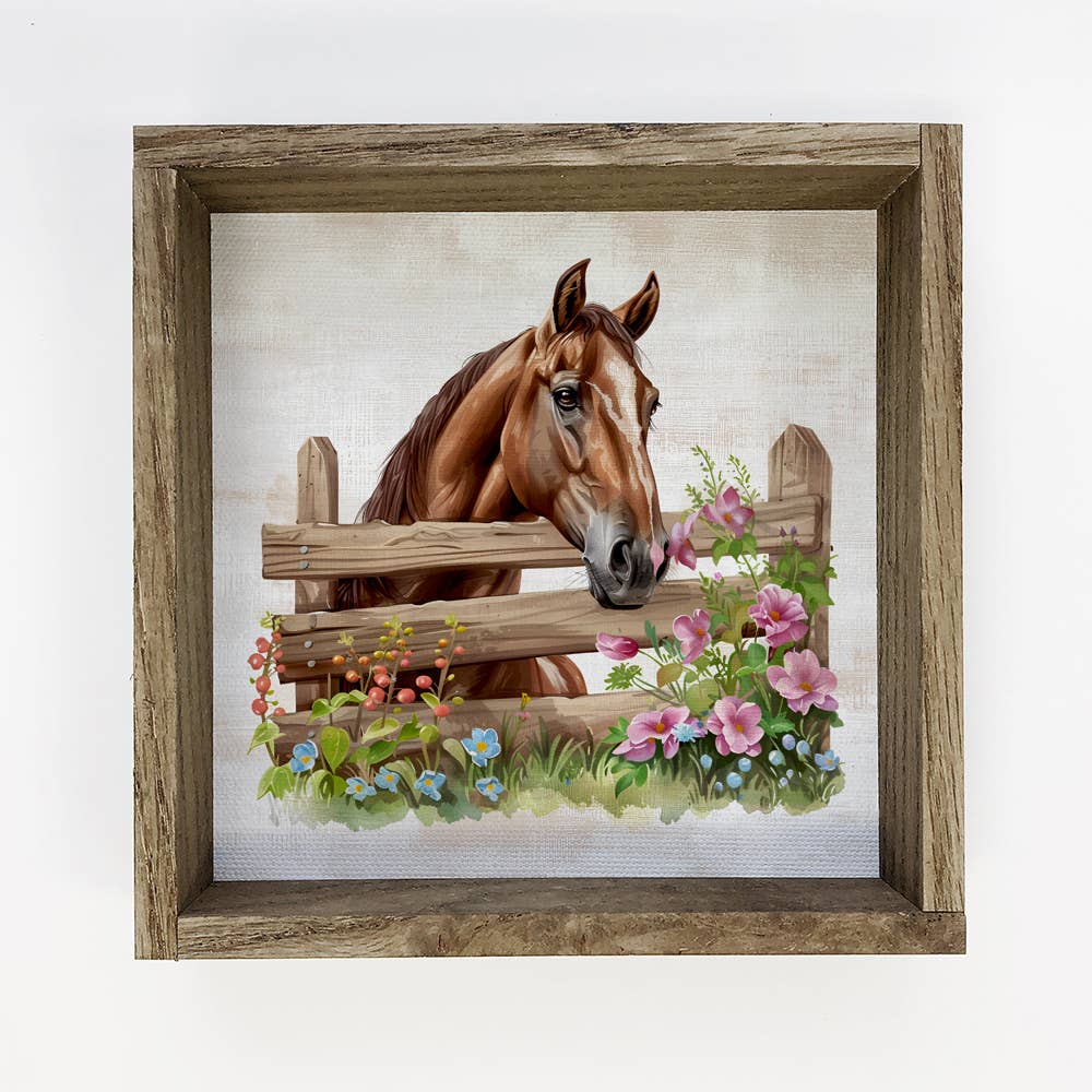 Horse Over Fence With Flowers - Horse Canvas Art - Framed