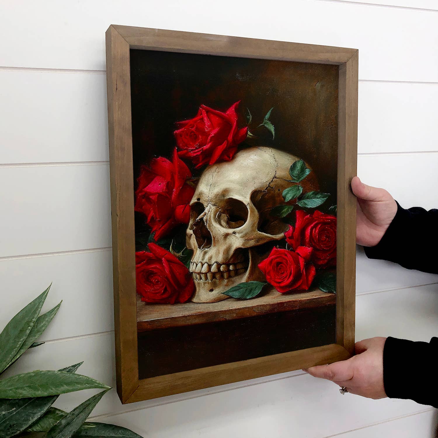 Skull with Red Roses - Skull Canvas Art - Wood Framed Decor
