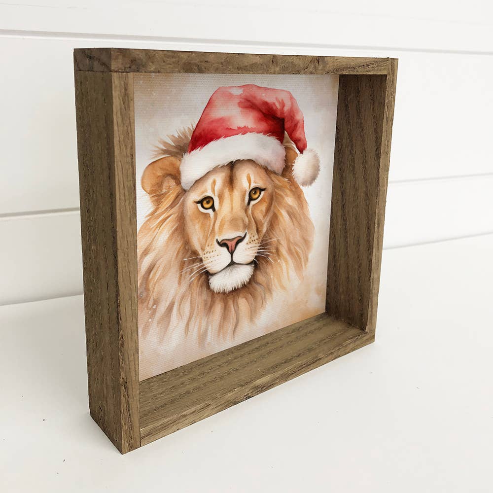 Lion Santa Hat - Cute Holiday Animal Canvas Art - Framed Art