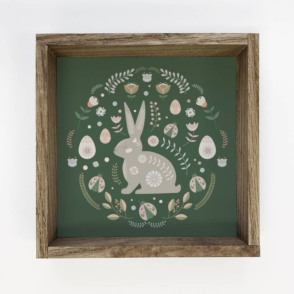 Easter Art- Green Folk Bunny- Small Canvas and Aged Frame