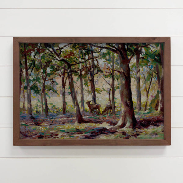 Deer Sunlit Trees - Wildlife Canvas Art - Wood Framed Decor