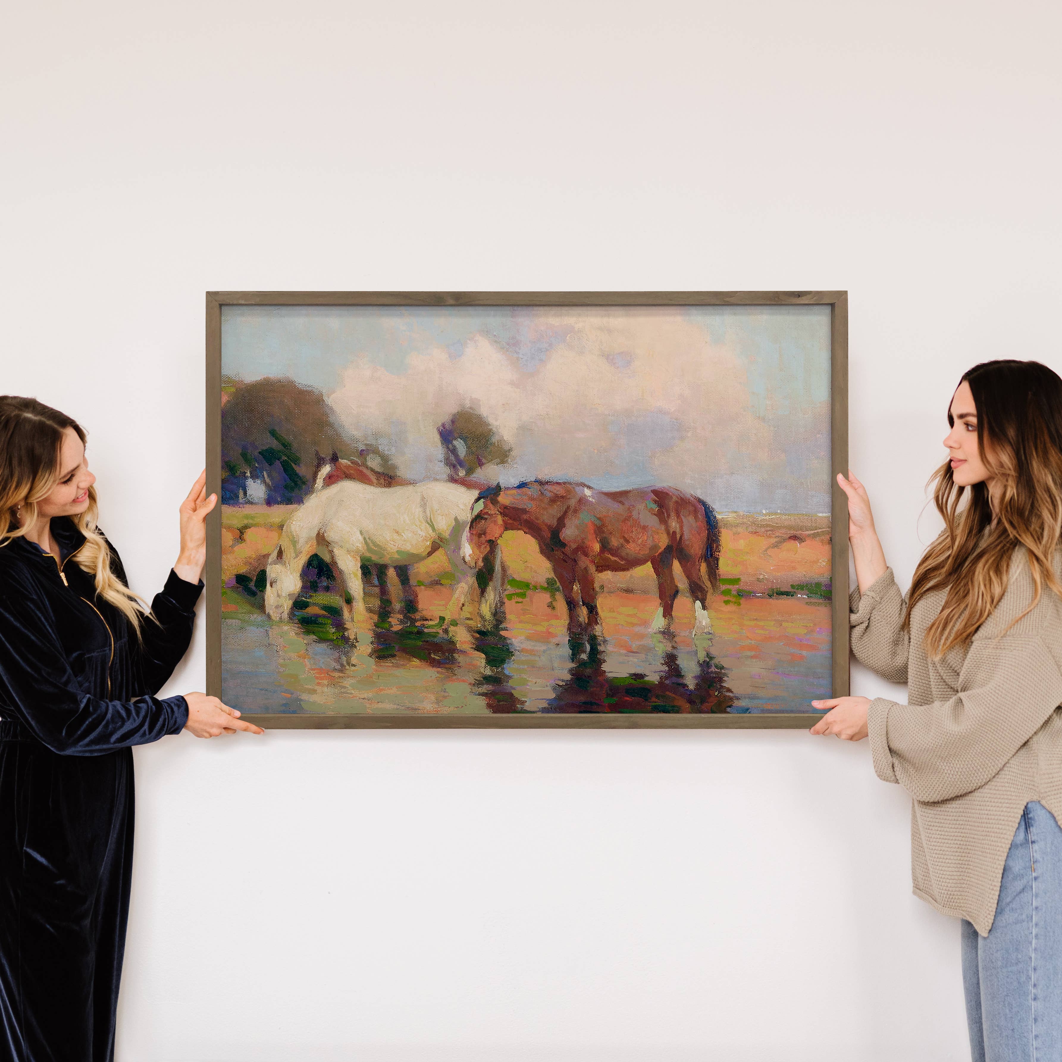 Horses Water Hole - Horse Canvas Art - Wood Framed Wall Art