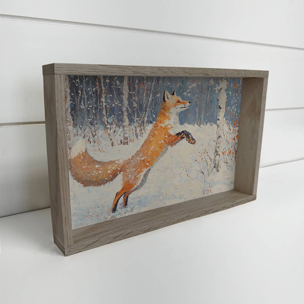 Winter Leaping Fox - Fox Canvas Art - Wood Framed Wall Art