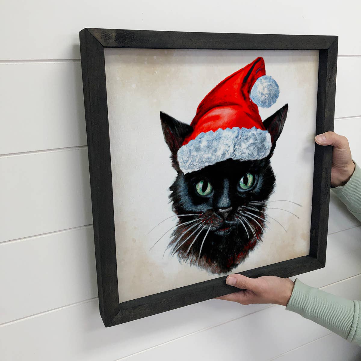 Black Cat in Santa Hat Christmas Small Canvas Wooden Sign