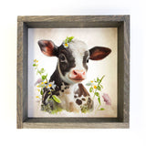 Cute Farmhouse Sign-White & Black Cow with Garden of Flowers