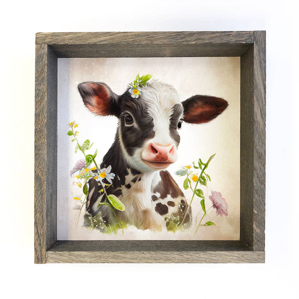 Cute Farmhouse Sign-White & Black Cow with Garden of Flowers