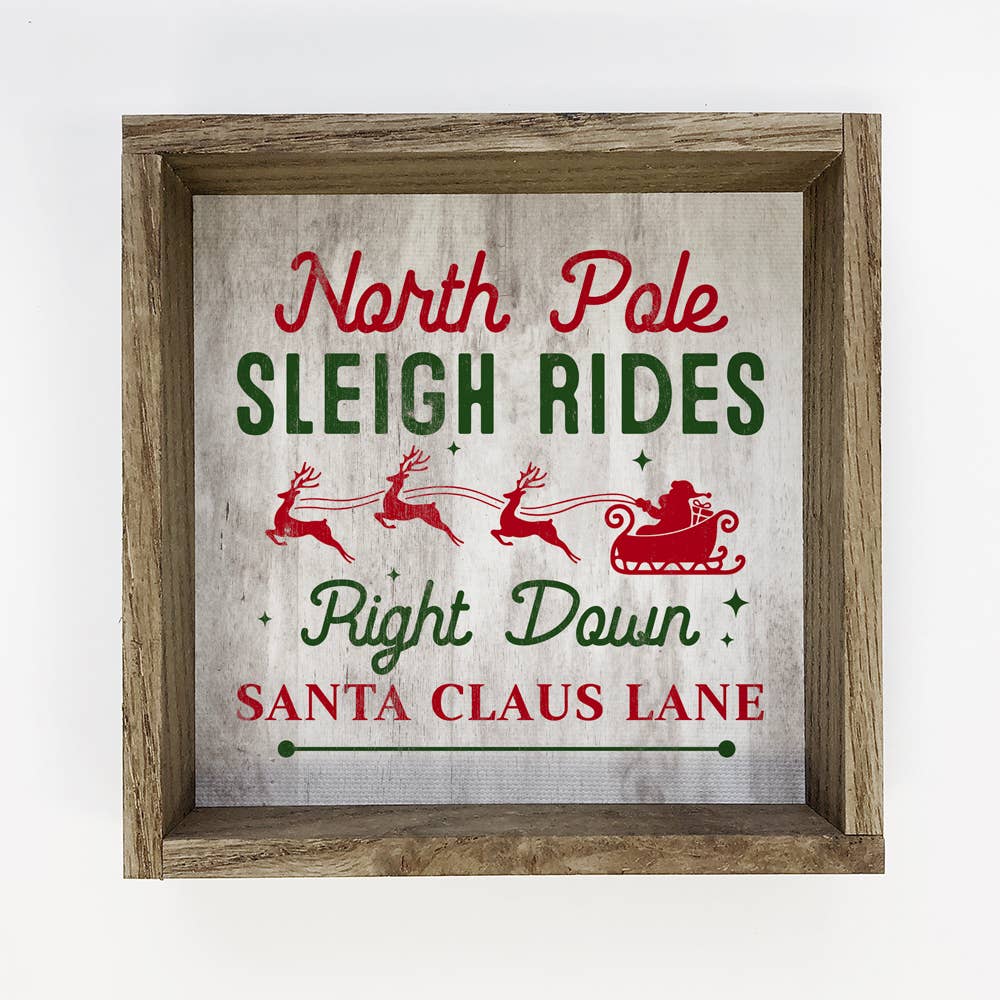 North Pole Sleigh Rides - Christmas Canvas Sign - Framed Art