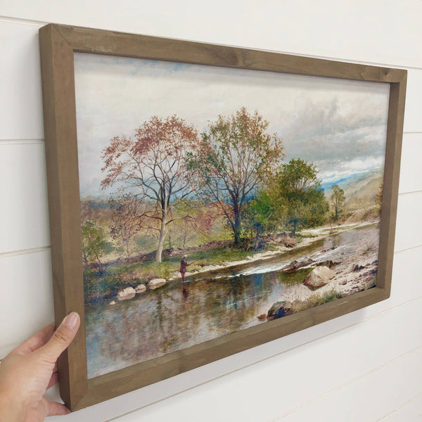 Fishing in the Fall - Framed Nature Canvas Art - Cabin Decor